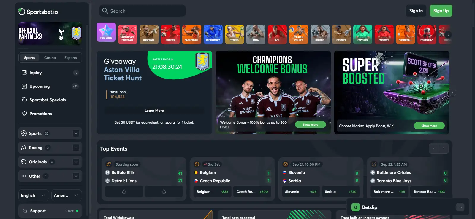 Sportsbet.io public homepage showing the brand header and navigation