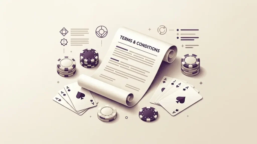 Casino chips cards and abstract rule symbols arranged around a terms document