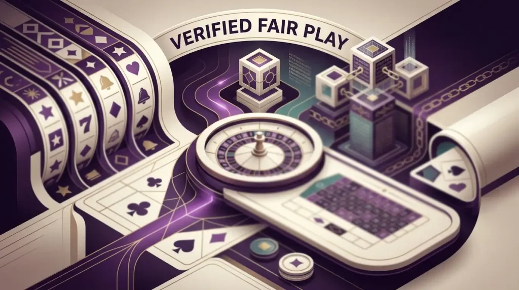 Casino game tiles combining slot reels table layouts and cryptographic verification blocks