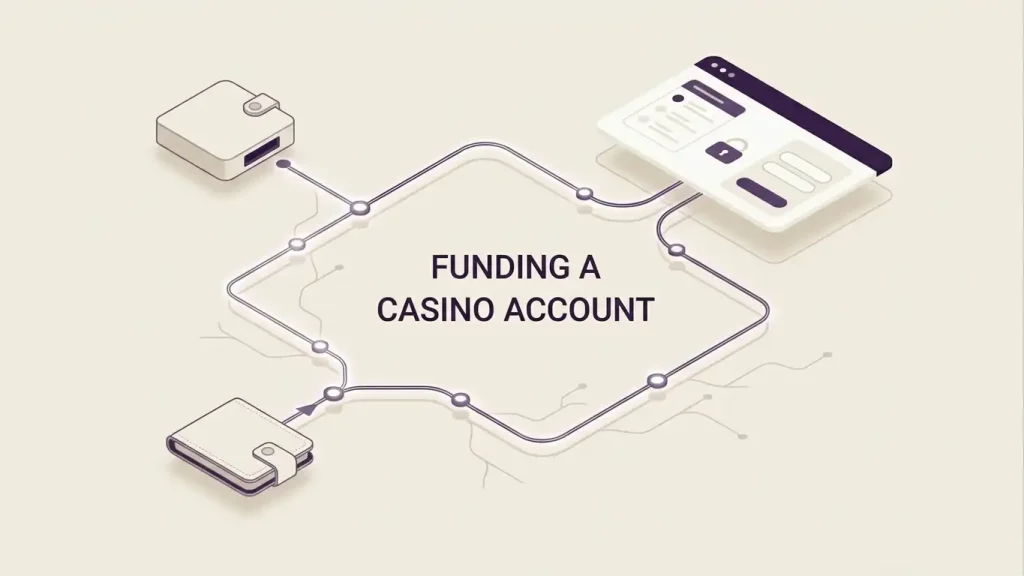 Crypto wallet transfer path connecting a sender to a casino account across matching blockchain routes