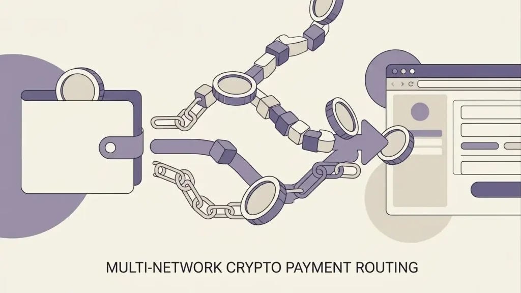 Multiple crypto wallet paths connecting different blockchain networks to a casino account
