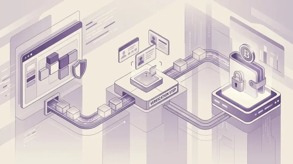 Crypto withdrawal path moving from a casino account through an identity checkpoint to a personal wallet