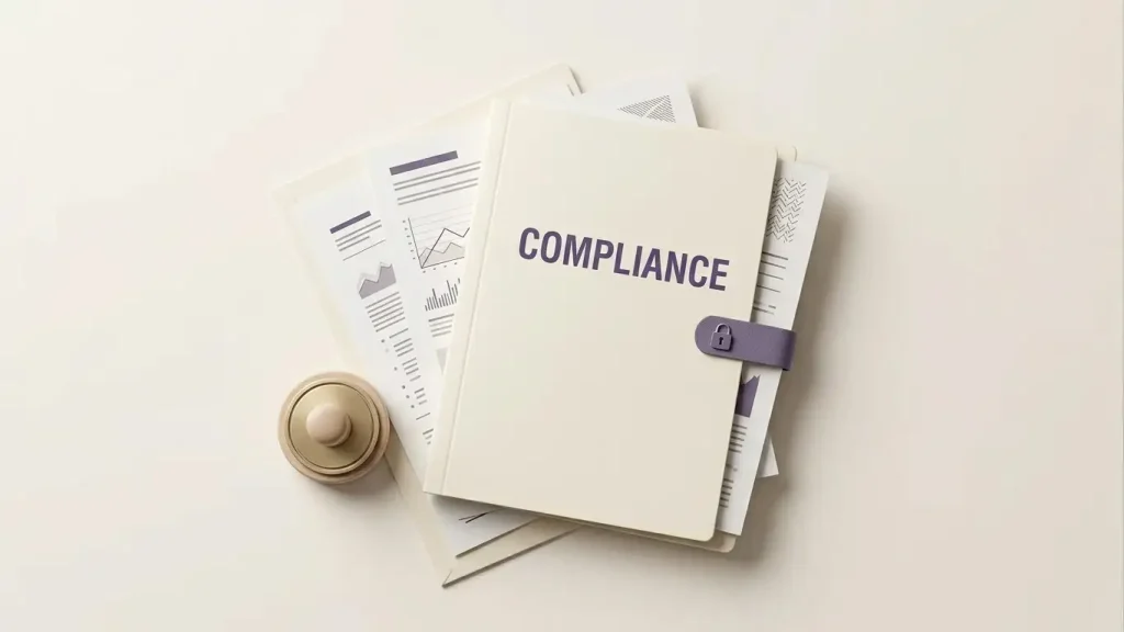 Regulatory records, secure document folders and verification marks on a neutral desk