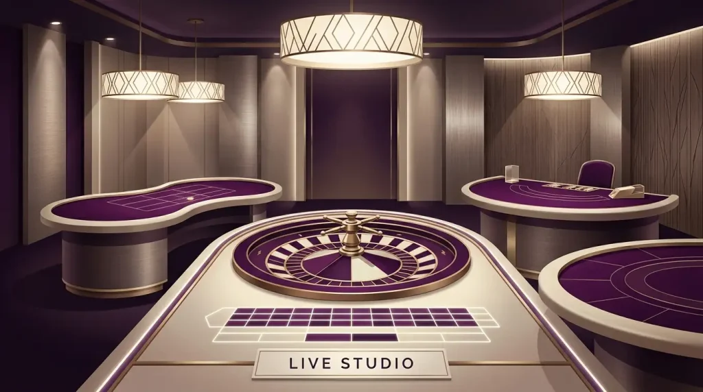 Illuminated live casino table environment with roulette blackjack and baccarat layouts and no people